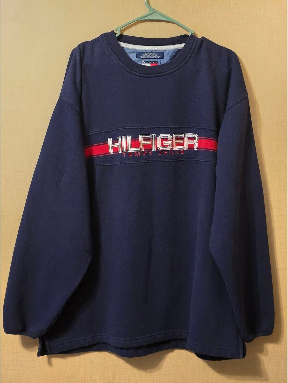 Vintage 90s Tommy Jeans Embroidered Spellout Crewneck Sweatshirt - Navy Blue XL